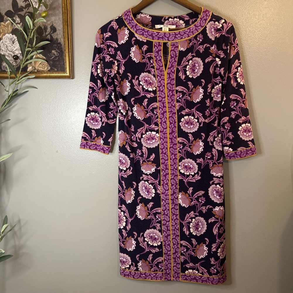 Wisp Floral Border Print Keyhole Shift Dress Purple Gold Size 2 Boho - Picture 3 of 8